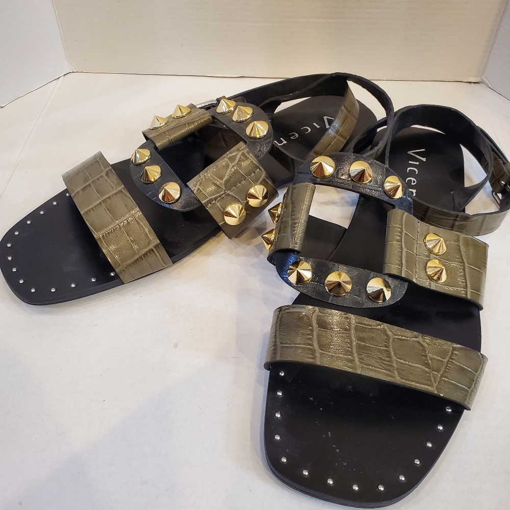 Vicenza Olive, Gold and Black Studded Sandals Sz 8